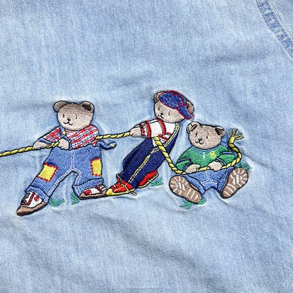 Vintage 90s Just My Size Denim Teddy Bear Tug of War Shirt Button Up Teacher - Picture 2 of 8